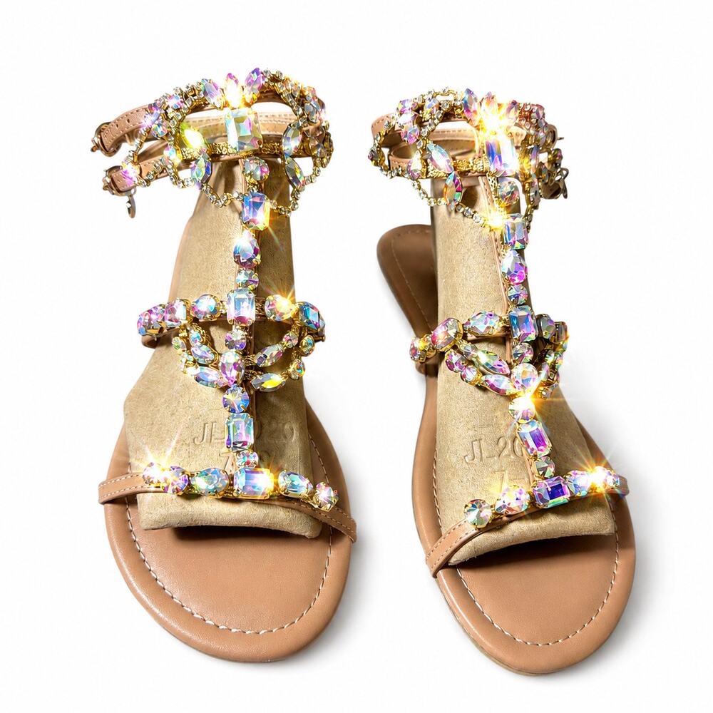 Thalia Sodi Jenesis Jeweled T-Strap Flat Sandals Nude AB Rhinestones Women’s NEW